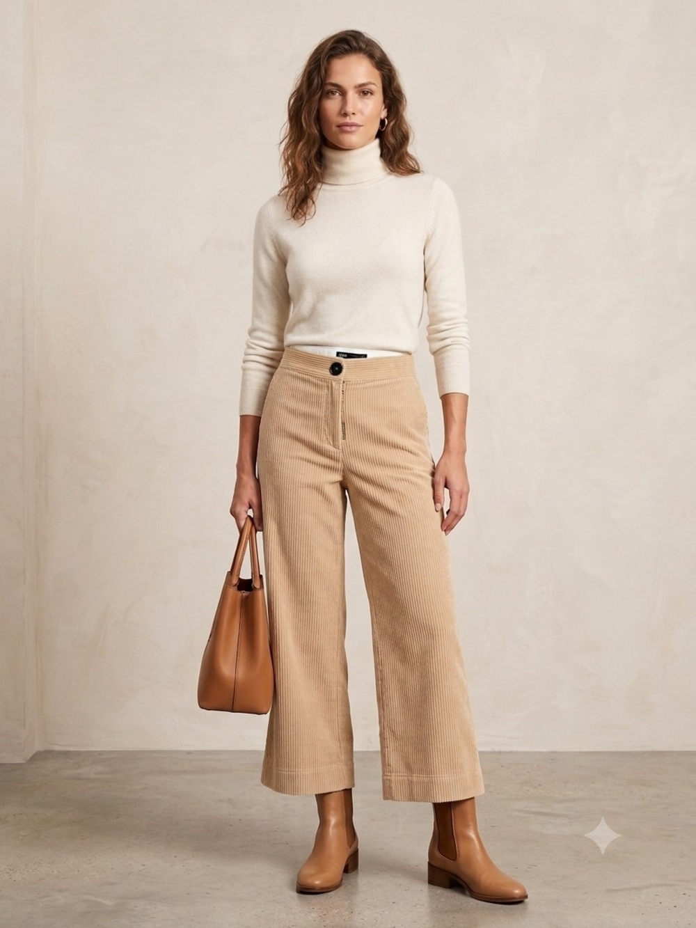 Zara Tan Wide-Leg Cropped Corduroy Pants